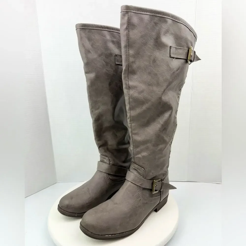 JOURNEE COLLECTION Womens Sz 8.5 Knee High Spokane Taupe Zip Up Boots Brown‎